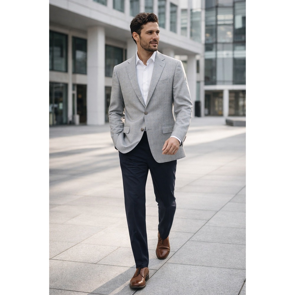 Ermenegildo Zegna Wool Silk Blazer Gray Blue Check US 46R Tagged 56R 2Btn